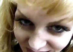 Blonde shemale poses and fucking with guy without condom