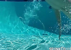 Hairy young man jerks off his big wet cock poolside