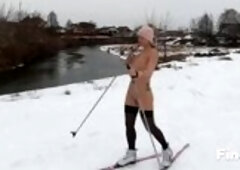 A risky public adventure with a Russian amateur babe who loves to ski naked, showcasing her bold exhibitionist spirit and kinky nature in the countrys