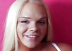 Two gorgeous blonde shemale babes stroke their cocks before blowjobs