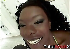Curvy Ebony in Green Lingerie Gets Double Penetrated by Two Studs