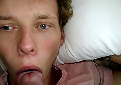 Curly boy shoves huge cock down his mouth in a sensual POV attempt