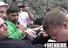 Micah Andrews ass gets to taste various cocks in an outdoor gangbang