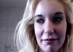 Blonde Is Fucked By Three Guys In The Video Store And Has To Blow