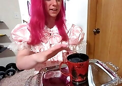 Obedient training with submissive transgirl Allywhorefrost in gimp gear