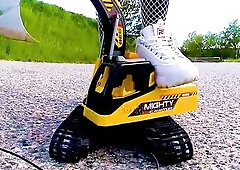 Large excavator is destroyed kicked, trampled, crushed, smashed, crushed, broken plastic car, crush