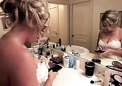 Hawt Wife Sadie Andrews is about to tie the knot, but needed assist with some pre-vow jitters. This babe invites me into her dressing room for one fin