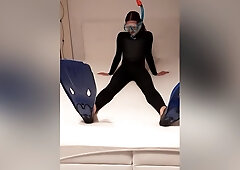Wetsuit Trans Girl Playing With Snorkel Gear And Vibrator