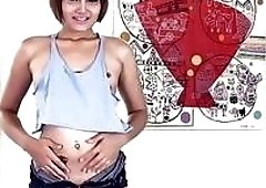 Short-haired Asian strokes her little cock like a shemale should