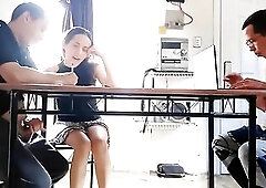 The cuckold concentrates on his debt during the time that his unfaithful wife swallows the collector's sperm behind his back.