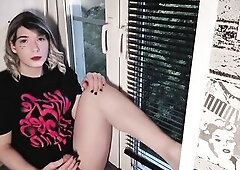 Goth femboy cums on a college dorm window