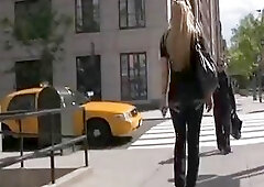 Cute blonde shemale takes a leak after stripping and stroking