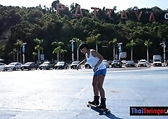 Skateboarding fail of big butt Thai MILF who fucks at home after