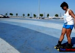 Skateboarding fail of big butt Thai MILF who fucks at home after