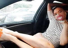 Hawt Sissy little Ponnyboy transsexual with tiny Ramrod posing on backseat driving to show herself to public