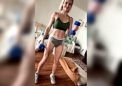 Fit slim blond upper body workout in pants (watch greater amount on OnlyFans)