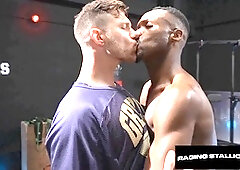 Beefy gay man Andre Donovan deep throats and rides hairy jock in Raging Stallion video