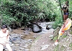 Peasant woman screws outdoors in the jungle by a forest river - BREASTY AND LARGE BUTT