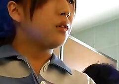 Kinky Asian babe was cleaning male toilet when a boy came in, so she sucked his dick