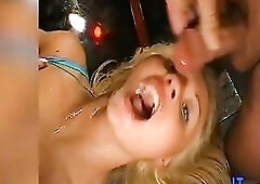 The slutty golden-haired in blue sparkly outfit bows over on the bed, showing off her plump butt and juicy cunt. The stud shoves his hard weenie unfat