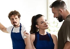 Big boobs brunette MILF Alison Rey lets a rich client flirt with her in front of her husband to save their business and even lets him seduce her and b