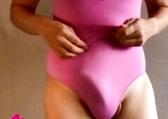 Dutch Crossdressing Transgender Sissy Angel teasing T-girl Dong and Round Booty in Hot Pink Swimsuit