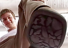 Attractive jock strips naked to tease with his bare feet