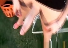 outside brunette lady-man Jerking