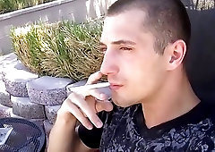 Pierced young smoker jerking off outdoor