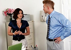 Fake-boobed brunette Krissy Lynn likes riding on her boss