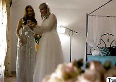 Transsexual bride and her breasty brides maid are in the room giving a kiss every other passionately.Next is,large boobs brides maid mouths the shemal