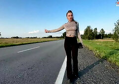 Hot Bitch Hitchhikes in Tight Leggings, Shows Tits and Ass and Pays for the R...