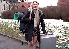 Blonde German public agent cheats with a stranger flaunting her curves