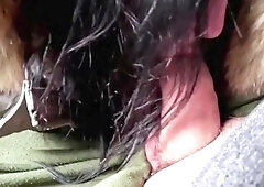 Glossy Furry Hood Downjacket. Deepthroat, Spit Play, Riding and Cum Leaking on My Coat
