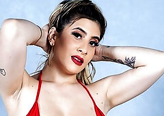 Big-boobed chick Charlotte Queen fucks with a rubber dildo