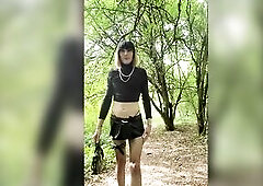 Use me as a drainer and sper m support! Transvestite french tractable sissie in mini-petticoat, fishnet nylons and yellow wedge heels walks in the for