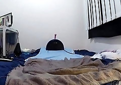 Vibing his hard-on while wearing stockings