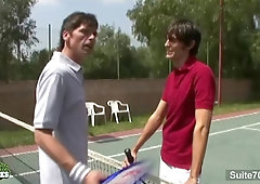 Tennis homo jocks nailing outdoors