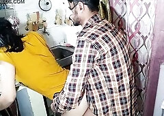 Amateur brunette hair is wearing a mask and getting banged in the kitchen instead of washing dishes