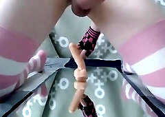 Amazing bouncing cock crossdresser riding dildo