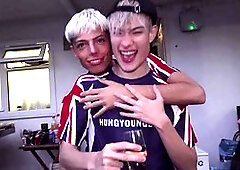 Three adorable lads get down on a stranger's couch in a wild gangbang