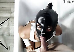 Pervert wench sucks my ramrod in the bathtub and I bang her face with leather serf mask