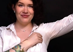 Busty curly brunette with big boobs fucks on couch