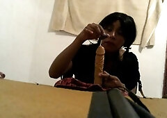 Joselynne the crossdresser sucks and licks my cum off my big dildo after using it