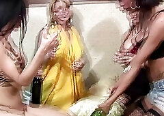 TS girlfriends anal fucking while drinking wine in foursome