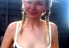Braided Blonde Teases in Brown Bikini by the Pool