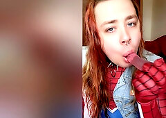 Spider Man In Spider-trans Drools All Over Pink Dildo