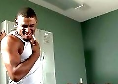 Black athlete shoots jizz during solo action