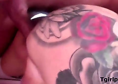 Inked towheaded transsexual Luna Enjoy milks shecock while assfucked