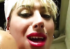 Beautiful tranny in white bikini gets oiled ass fucked